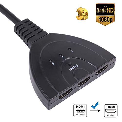 HD Switcher, HDMI 3 x 1 Switcher, HDMI Splitter, Yeworth 3-Port 1080P HDMI Switches Selector HD Hub Switch Connetor Compatible with HDTV PC Projector PS3 PS4 Xbox STB Gold Plated