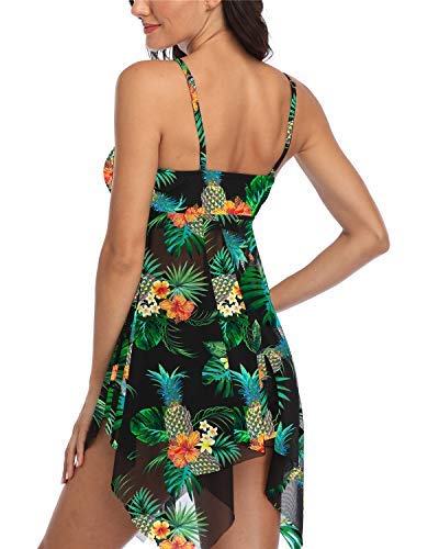 Temptme Women Swimsuit Two Piece Tankini Mesh Swimdress Floral Printed with Boyshort Bathing Suits - Thumbnail 5