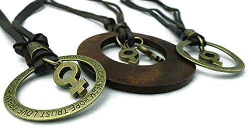 Set of 3, Mars Male and Venus Female Symbol, Astological Leather, Wood, Waxed Cord, and Metal Necklaces