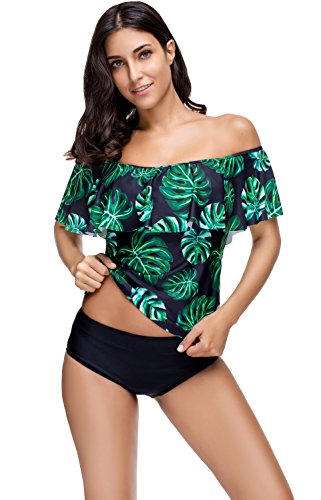 Yateen Women Off Shoulder Ruffled Flounce Tankini Top with Triangle Briefs Swimsuit