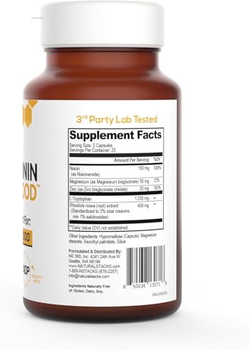 NATURAL STACKS SEROTONIN BRAIN FOOD W/L-TRYPTOPHAN & RHODIOLA ROSEA – MOOD SUPPORT SUPPLEMENT – PROMOTES POSITIVE MOOD, CALMNESS, STRESS RELIEF – HAPPY MOOD & BRAIN SUPPORT SUPPLEMENT – 75 CAPSULES