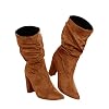 Womens-Winter-Slouchy-High-Heel-Boots-Mid-Calf-Suede-Slip-on-Chunky-Block-Pointed-Toe-Boots