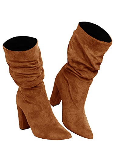 Womens-Winter-Slouchy-High-Heel-Boots-Mid-Calf-Suede-Slip-on-Chunky-Block-Pointed-Toe-Boots