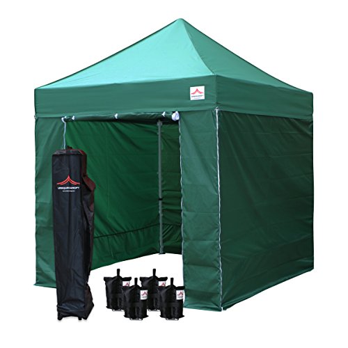 UNIQUECANOPY 8'x8' Ez Pop Up Canopy Tent Commercial Instant Shelter, with 4 Removable Zippered Side Walls and Heavy Duty Roller Bag, 4 Sand Bags Dark Green