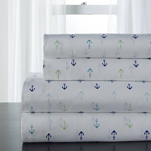 4 Piece Multi Coastal Anchors Themed Sheet Cal King Set, Beautiful Embroidered Nautical Ocean Pattern Bedding, For Modern Bedrooms, Marine Life Theme Design, Vivid Colors Blue Green Grey, Microfiber