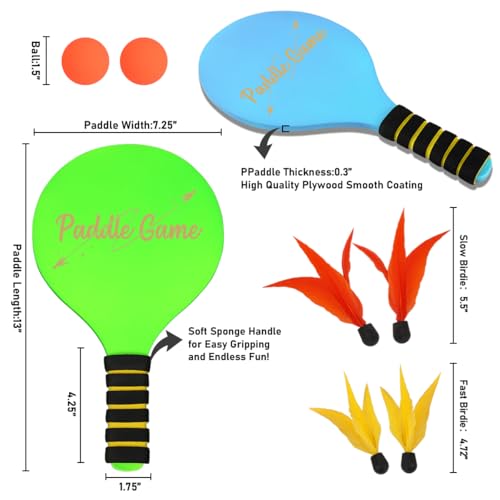 INPODAK Beach Bat and Ball Set, Kids Wooden Paddle Ball, Beach Ball Racket Set, Wood Racket Game- 2 Paddles 4 Birdies 2 Balls, Garden Family Game Toys for Boys Girls Teens Years Old