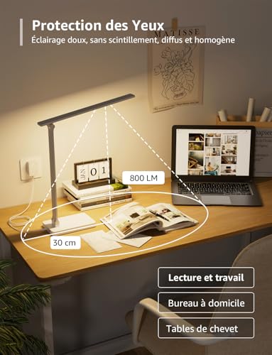Lepro Desk Lamp 800lm 5 Modes Colour 5 Levels Dimmable White | Desk Lamp with Adapter, Touch Control, Anti-Glare for Reading, Work, Study