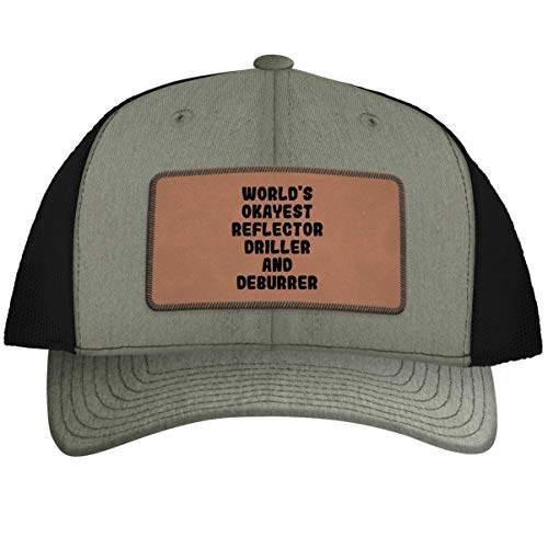 World's Okayest Reflector Driller and Deburrer - Leather Dark Brown Patch Engraved Trucker Hat, Heather-Black, One Size