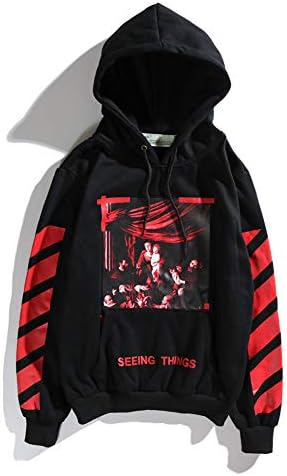 jungo Fashion Brand OW Black red Striped Religious Printing Couple Hooded Sweater for Men/Women