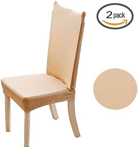 Kukcone Fit Stretchy Washable Short Dining Chair Covers Removable Wrinkle Resistant Quick Installation Protect Seat Slipcover For Home Decor, Dining Room,Hotel,Ceremony (2, Beige)