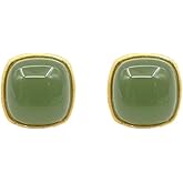 DIAMANTIO 18K Gold Plated Green Jade Stud Earrings – Minimalist Square Natural Stone Earrings for Women
