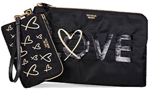 Victoria's Secret Bling Sequin LOVE Clutch Zippered Pouch Wristlet Set