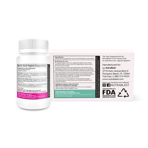 NutraBlast Boric Acid Vaginal Suppositories 600mg (30 Count) w/ Tea