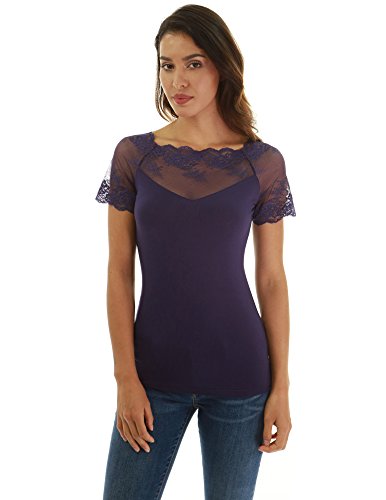 PattyBoutik Women Scalloped Lace Inset V Neck Top (Dark Purple 02 Large)