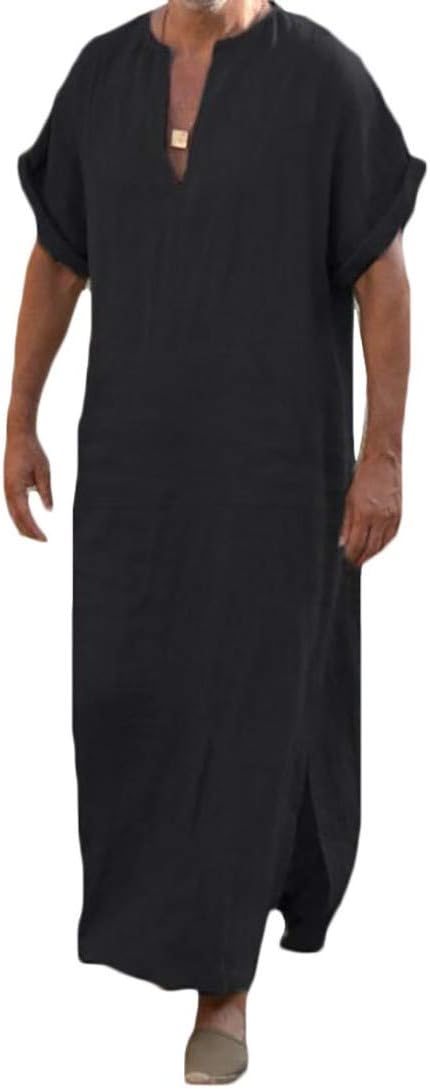 Jofemuho Mens Plus Size Solid Cotton Linen Short Sleeve Abaya Muslim Thobe Thoub Robe Arab Kaftan Black 4XL