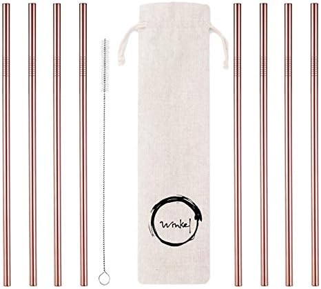 WINKEL Set 8 Stainless Steel Straws Ultra Long 8.5 Inch Reusable Drinking Metal Straws for Cold Beverage (8 Straight|1 Brush|1 Pouch) Rose Gold