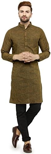 Enchanted DrapesMens' Solid Cotton Long Kurta_Mehandi