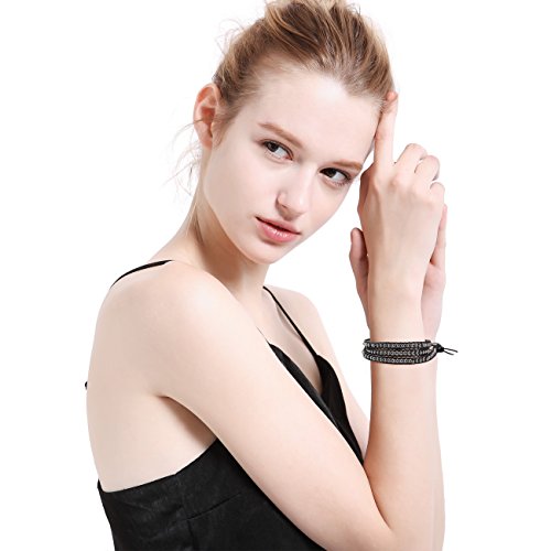 MOWOM Alloy Genuine Leather Bracelet Bangle Cuff Rope Simulated Hematite Bead 3 Wrap Adjustable - Thumbnail 5
