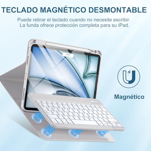 Vobafe Keyboard Case for iPad Air 11 Inch M4 M3 M2 (2026/2025/2024), Keyboard for iPad Air 5 4 Generation 2022/2020, QWERTY Spanish Ñ, Magnetic Backlight Bluetooth Keyboard, Light Grey