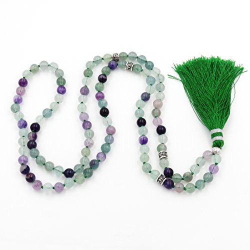 Mala Beads Necklace, Mala Bracelet, Buddhist Prayer Beads Necklace, Tassel Necklace (Rainbow Fluorite)