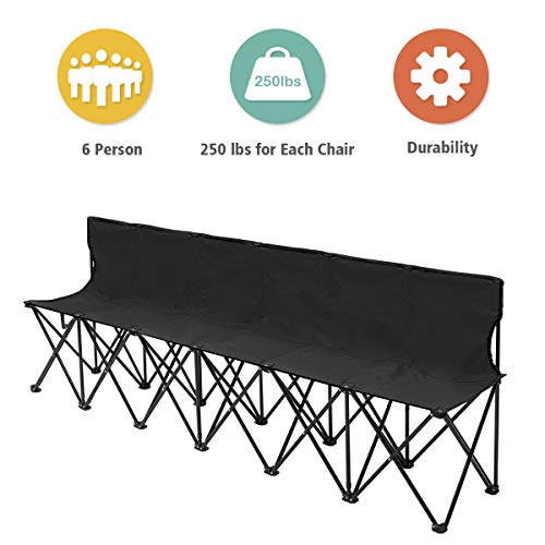 Giantex Portable Folding 6 Seats Chair Sideline Bench W/Seat Backs & Carry Bag Sports Team Camping (Black)