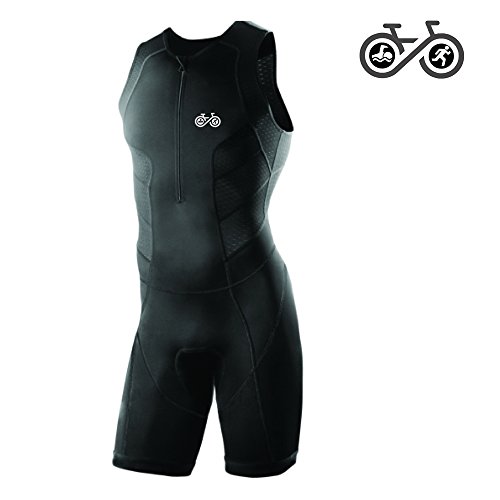 Menâ€™s Tri Forever Triathlon Race Suit - Wetsuit Skinsuit Trisuit Sleeveless - One-piece vest and short combo that half zips with a rear pocket for storage