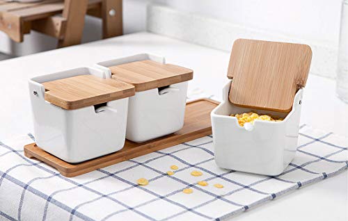 VanEnjoy White Ceramic Sugar Spice Containers Porcelain Jar Set with Flip Bamboo Lids, Tray and Spoons,Square Condiment Serving Tea,Coffee,Spice,Salt Set of 3