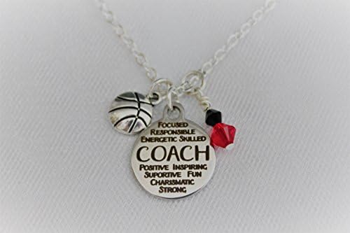 Basketball Coach Stainless Steel Laser Engraved Necklace With Silver Basketball and Swarovski Team Colors