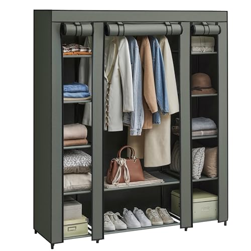 SONGMICS Kleiderschrank, Stoffschrank, mit Überzug aus Vliesstoff, Faltschrank mit Kleiderstange, 45 x 150 x 175 cm, 12 Ablagen, Metallrahmen, Schrank