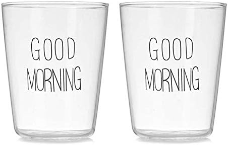 The Home Good Morning Lettered Glass Cup for Hot/Cold Beverages, Heat Resistant Glass, 13.53 Ounces Capacity, Clear, Black Letters, Set of 2