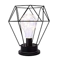 Lewondr Diamond Metal Shade Table Lamp, Vintage Style Edison Bulb Desk Light, Battery Powered Decorate Ambient Light for Living Room Bedroom Wedding Celebration Party - Warm White and Black