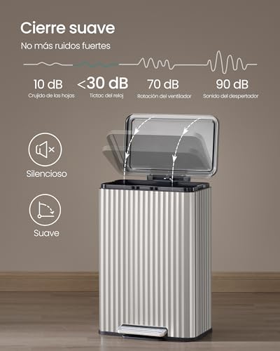 SONGMICS Bote de Basura de Acero Inoxidable para Cocina, con Pedal, Tapa Cierre Suave, 50L, Cubeta Extraíble, Incluye 15 Bolsas MLTB586EZ01
