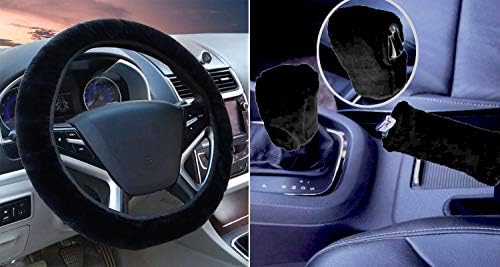 IBAIOU Universal 3Pcs Set Plush Steering Wheel Cover for Women Faux Wool Hand Brake Cover&Gear Cover Set Warm Winter car Styling Interior (Black for Automatic)