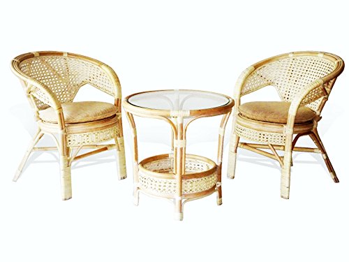Pelangi Rattan Wicker 3 Pieces Set of 2 Chairs W/cushions and Round Coffee Table W/glass White Wash