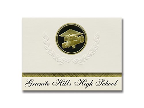 Signature Announcements Granite Hills High School (El Cajon, CA) Graduation Announcements, Presidential style, Elite package of 25 Cap & Diploma Seal. Black & Gold.