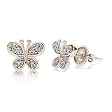 Kids Earrings - 925 Sterling Silver with a White Gold Tone Crystal Butterfly Secure Screw Back Earrings for Kids - Made With Swarovski Elements kids, children, girls, baby