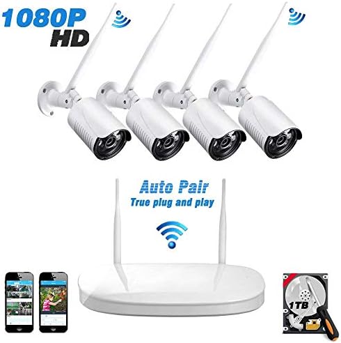 1080P HD Wireless Security Camera System,Wireless Indoors&Outdoors Bullet IP Cameras with 1TB Hard Drive, IP66 Waterproof Wireless Security Cameras, CCTV Camera System, 65ft Night Vision, Auto-Pair