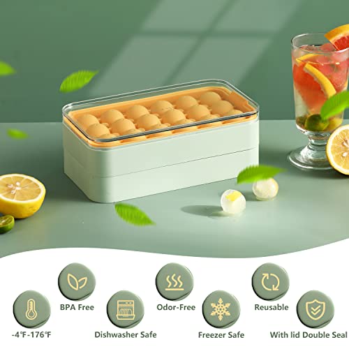 Ice Cube Tray - Sphere Silicone Ice Cube Trays for Freezer with Lid and Bin | BPA Free Stackable Round Ice Tray with Cover | Easy Release Making 18-Circle Ice | Come with Ice Scoop (1Pack, Green)