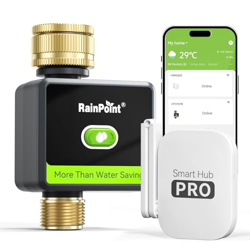 RAINPOINT Irrigation Computer WiFi, Smart WiFi Irrigation Control with Brass Inlet and Outlet & 100 m Gateway, Weather/Soil-Based Automatic Watering for Garden & Lawn, Black