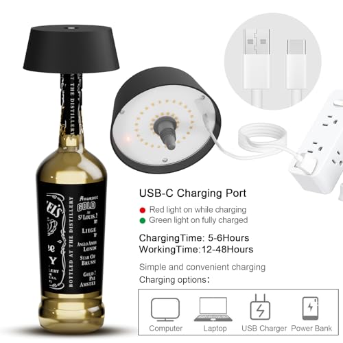 Klighten 2 Pieces Dimmable LED Table Lamp, 3000K Wireless LED Bottle Lamp with Batteries, Portable Bottle Light for Indoor/Outdoor, with Usb-C, IP54, Black, Bar/Restaurant