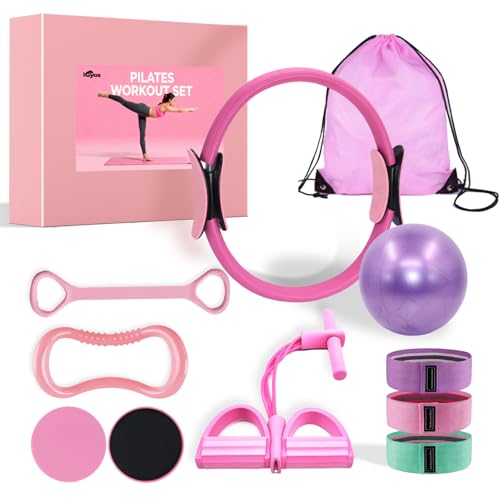 10 Pcs Pilates Kit Essentials Workout Set with 13" Circle Yoga Ring, 10" Ball, Figure-8 Band, Stretch Strap, Arm Trainer and Resistance Bands for Women at Home Pilates Equipment