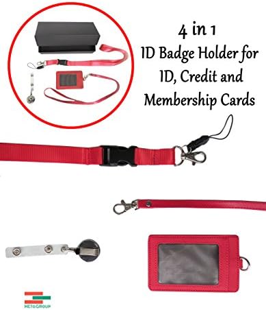 4 in 1, Red 2-Sided Vertical Leather Credit Card and ID Holder with Detachable Lanyard. 1 Neck Lanyards with Detachable Buckle. 1 Heavy Duty Retractable Badge Reel with Belt Clip for ID Badge