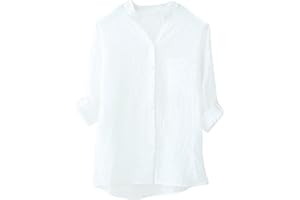 KICILVS Womens 3/4 Sleeve Tops Cotton Linen Shirts V Neck Button Down Blouse Summer Casual Solid Tops