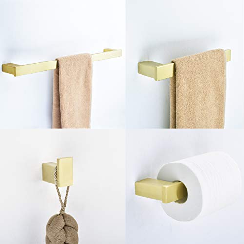 QOGRISUN 4-Piece Bathroom Accessory Set 304 Stainless Steel Including 24-Inch Towel Bar,10-Inch Towel Bar,Toilet Paper Holder,Towel Robe Hook,Wall Mounted Solid Brass Base,Brushed Gold