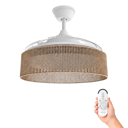- Ventilador de Techo con Luz y Lámpara Brizy Bright Rattan | 3 Aspas 106 de Diámetro| 40 W | 6 Velocidades Ultra Silencioso | Función Verano-Invierno | Temporizador | LED