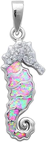 Pink Created Opal &amp; Cz Sea Horse .925 Sterling Silver Pendant Necklace