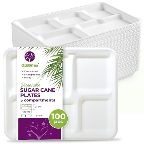 GoBeTree 100 x 26cm Disposable Plates with 5 Compartments Sugarcane Plates Heavy Duty Disposable Tableware White