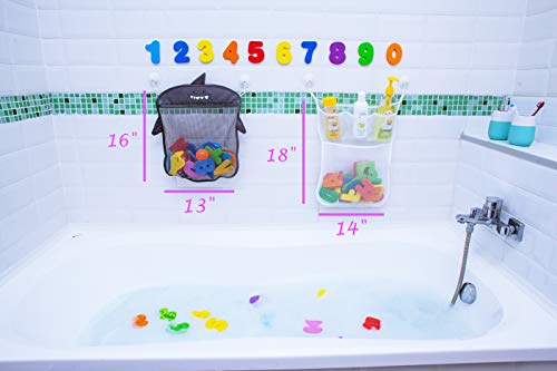 Comfylife Baby Bath Toy Organizer - Shark (2 Bath Toy Storage Nets, 10 Toy Numbers & 10 Strong Hooks) - Great Bath Net for Kids - Cute Bathtub Toy Organizer and Bath/Shower Caddy Storage Solution