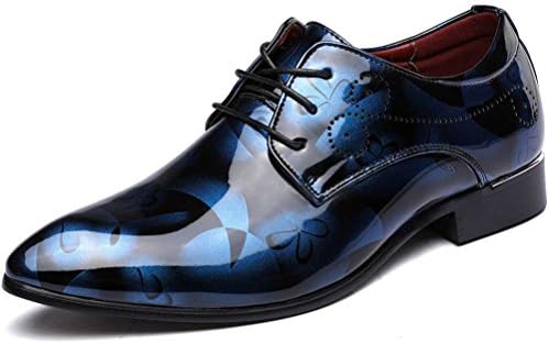 Senyee Men's Dress Shoes, Modern Classic Pointed-Toe Patent Leather Floral Lace-up Business Casual Oxfords Blue 11