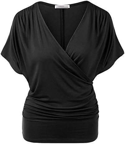 Chns Womens Loose Casual V Neck Short Sleeve Wrap Front Drape Dolman T-shirt Black-S